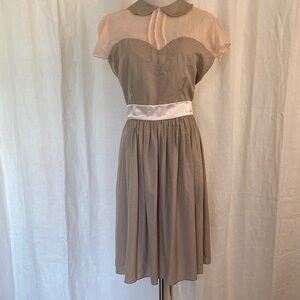 Taupe and Blush Sheer Yoke Fit-and-Flare Midi Dress